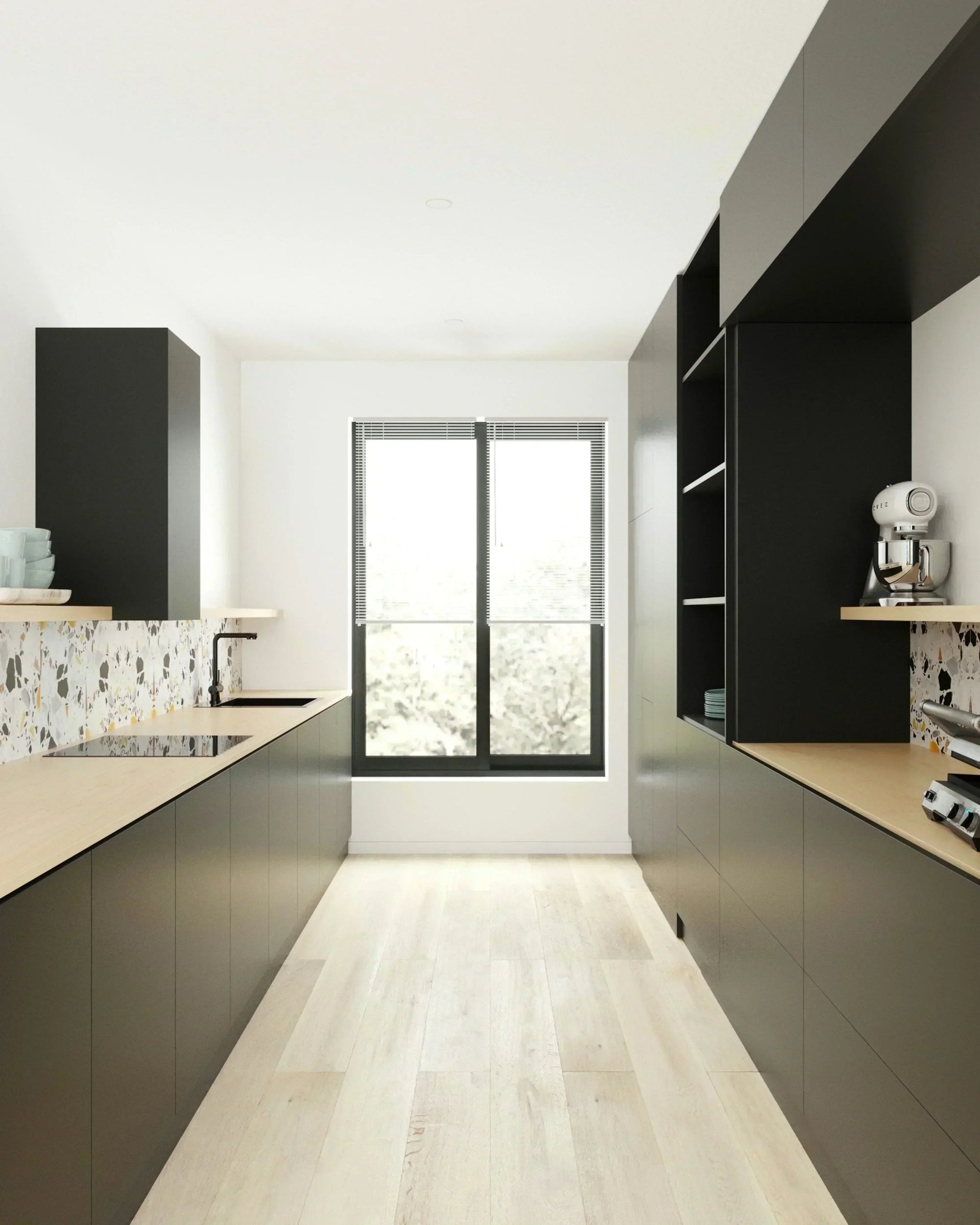 plancher bois franc cuisine moderne blanchi et armoires noires