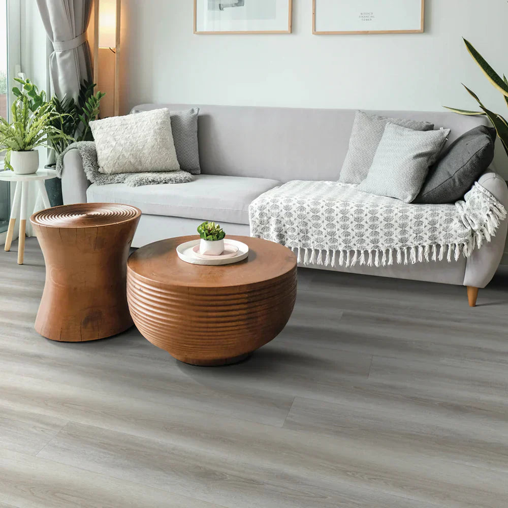 salon chaleureux avec plancher de vinyle gris pale expedition acorn ambiance
