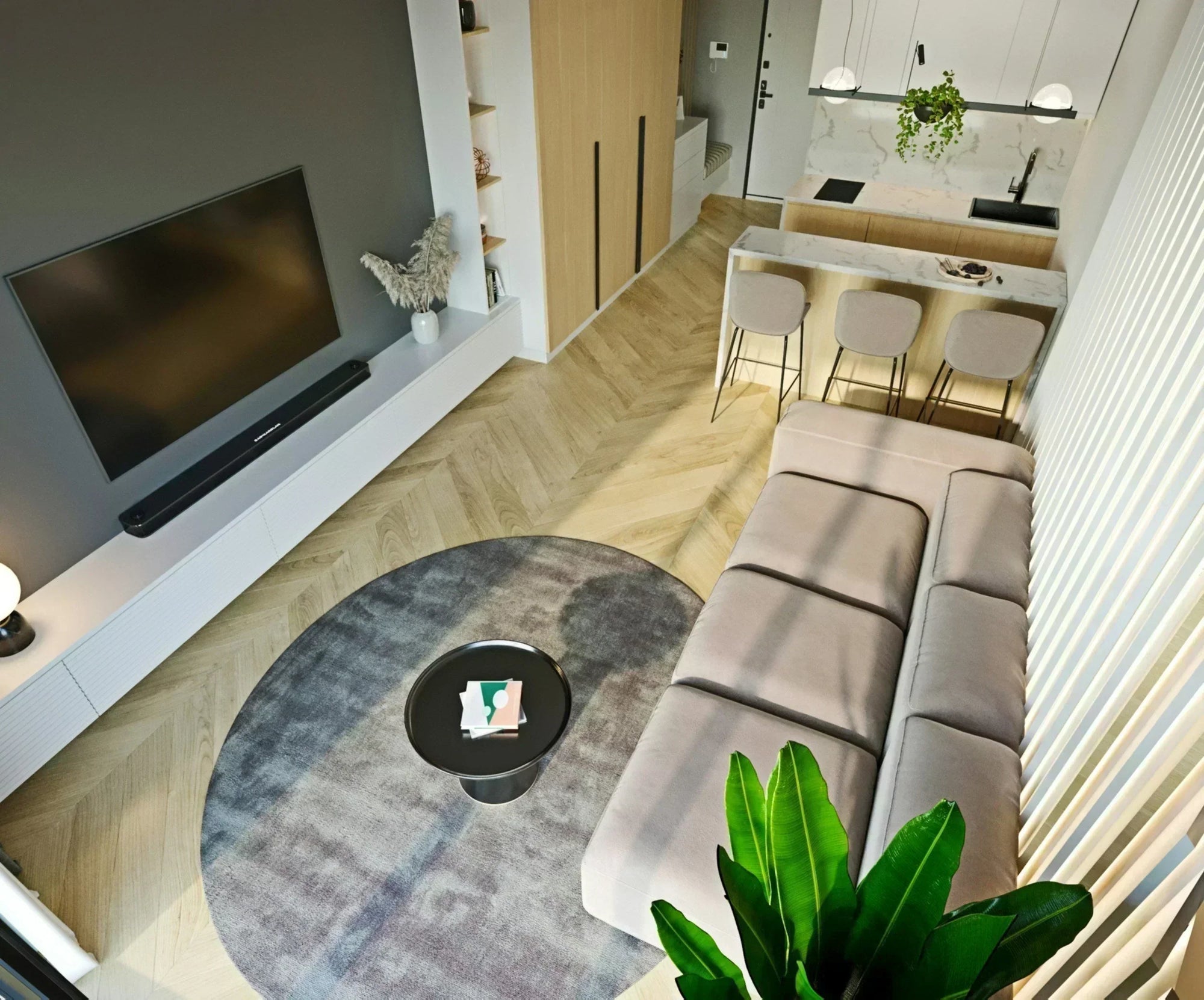 salon moderne avec plancher à chevrons couleur naturelle