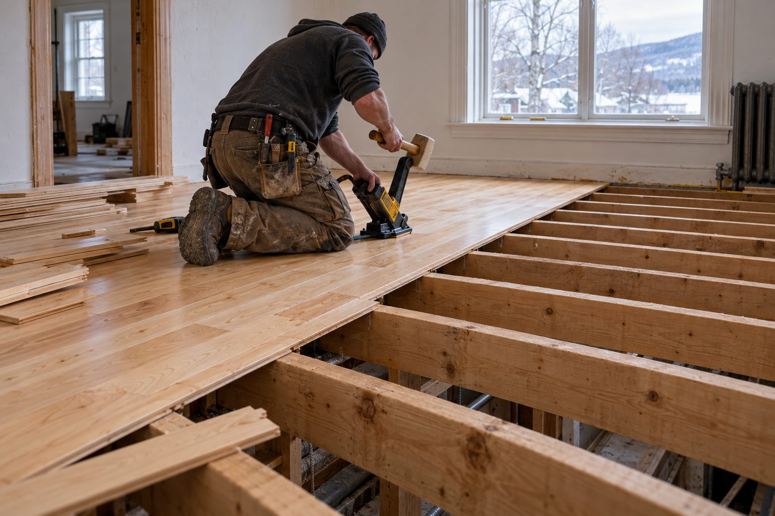 Installation d'un plancher de bois franc massif sur solives de bois