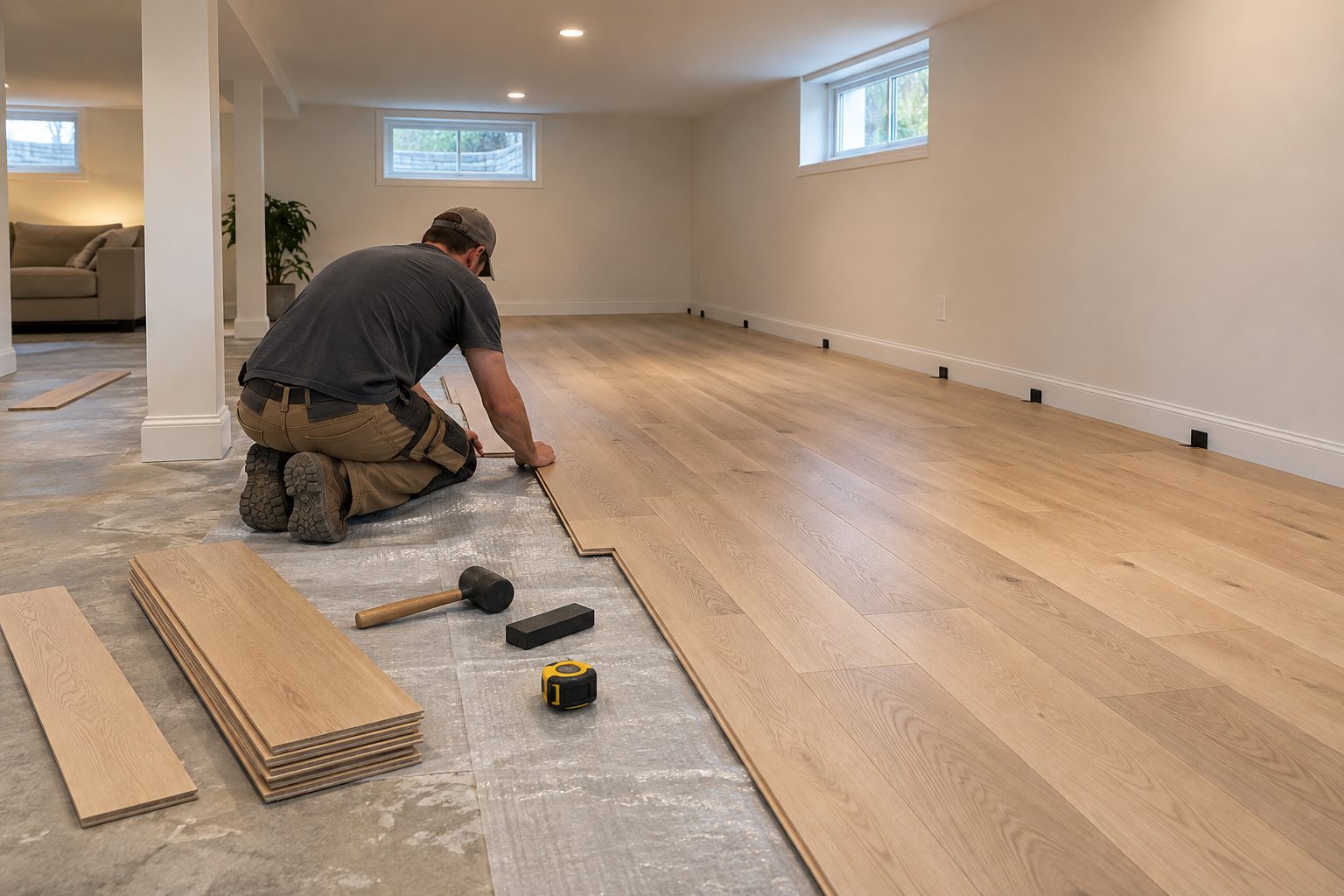 Installation d'un plancher de bois d'ingénierie à Blainville au sous-sol