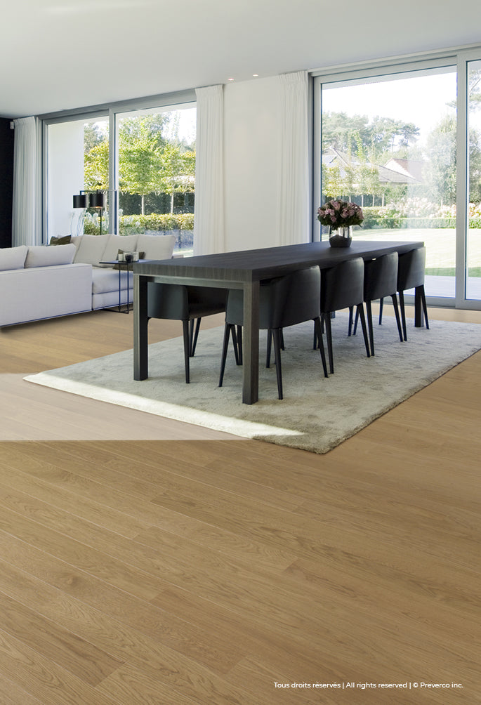 Preverco Flex19 bois d'ingénierie chêne blanc V+ finition naturel mat, lame 5-1/8 pouces ép. 3/4 pouce