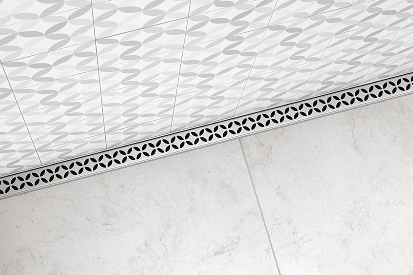 Schluter KERDI-LINE-VARIO Drain linéaire encastré avec design de grille Floral - acier inoxydable (V4) brossé 1-1/16" x 48"