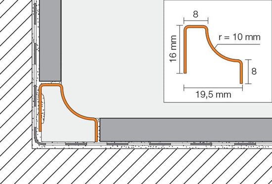 Schluter DILEX-HKU Raccord avec un radius de 3/8" (10 mm) - acier inoxydable (V4)