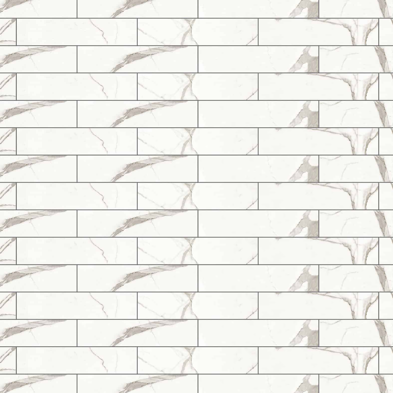 Carreaux de céramique Collection Glamour 4 po x 12 po Calacatta poli, fini brillant, veinures marbrées blanches et grises