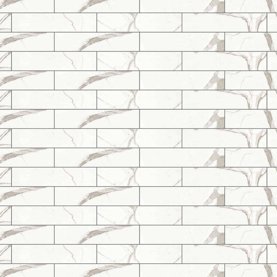 Carreaux de céramique Collection Glamour 4 po x 12 po Calacatta poli, fini brillant, veinures marbrées blanches et grises