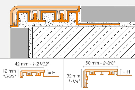 Schluter TREP-V 42 Profilé pour nez de marche aluminium anodisé avec insert anti-dérapant en PVC gris pierre 11/32" (9 mm) x 1-21/32" (42 mm) x 10'
