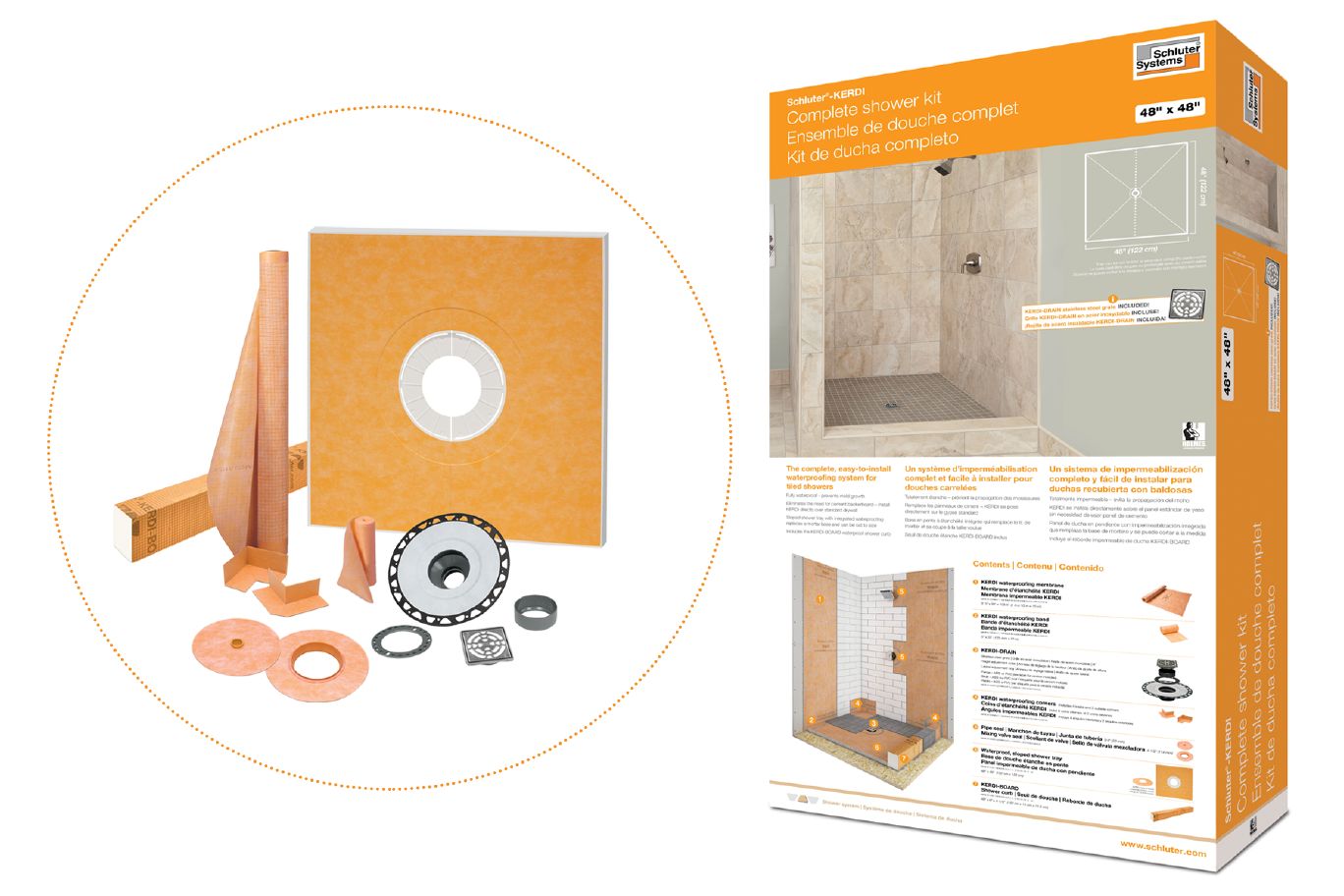 Schluter KERDI-SHOWER-KIT Ensemble de douche avec position de sortie décentrée KERDI-SHOWER-KIT avec 2" PVC bride et acier inoxydable gille 38" x 60"