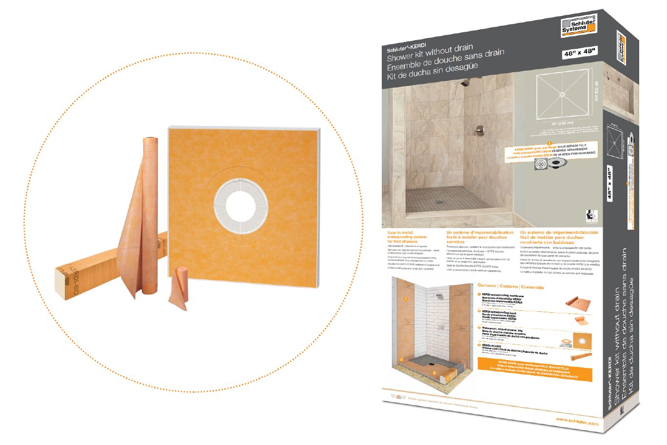 Schluter KERDI-SHOWER-KIT Ensemble de douche avec position de sortie centrée sans bride et gille 48" x 72"