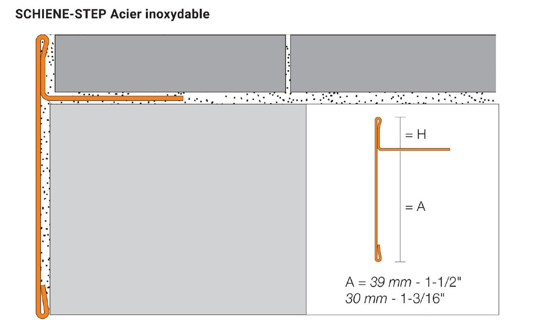 Schluter SCHIENE-STEP Coin extérieur 90° avec ailette verticale 1-1/2" - acier inoxydable (V2) brossé 1/4" (6 mm) x 8' 2-1/2"