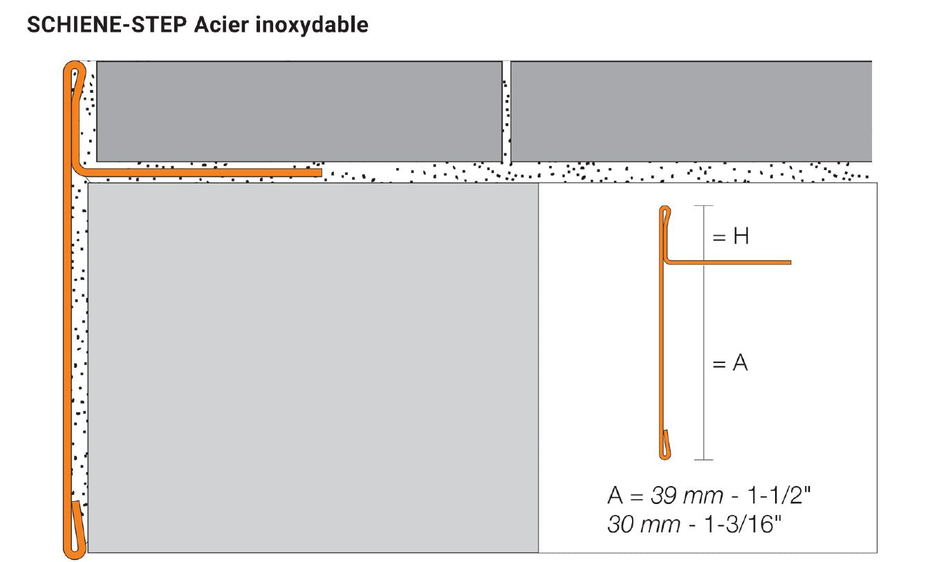 Schluter SCHIENE-STEP Coin extérieur 90° avec ailette verticale 1-1/2" - acier inoxydable (V2) brossé 1/4" (6 mm) x 8' 2-1/2"