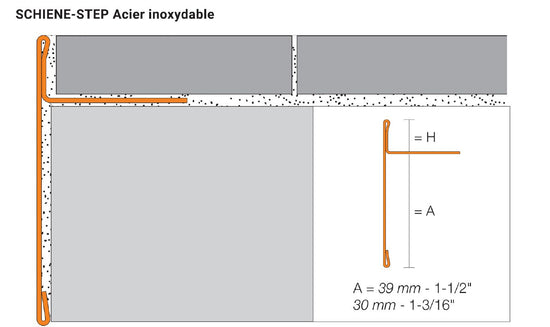 Schluter SCHIENE-STEP Coin extérieur 90° de comptoir/marche pour escalier - acier inoxydable (V2) brossé 11/32" (9 mm) x 8' 2-1/2" avec ailette verticale de 1-3/16"