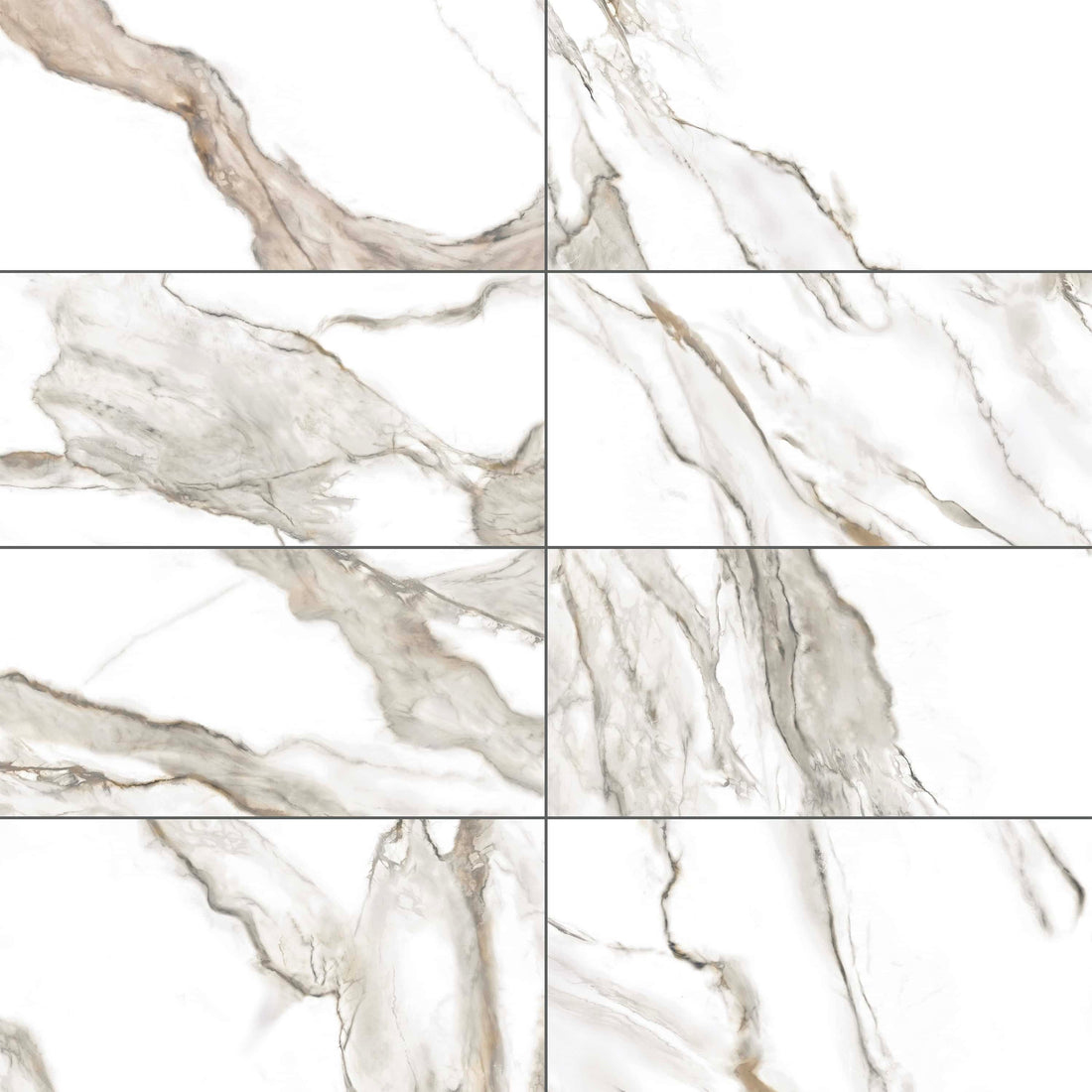 Carreaux de céramique Collection Vernazza 12 x 24 po Calacatta Oro poli, marbre blanc aux veines dorées