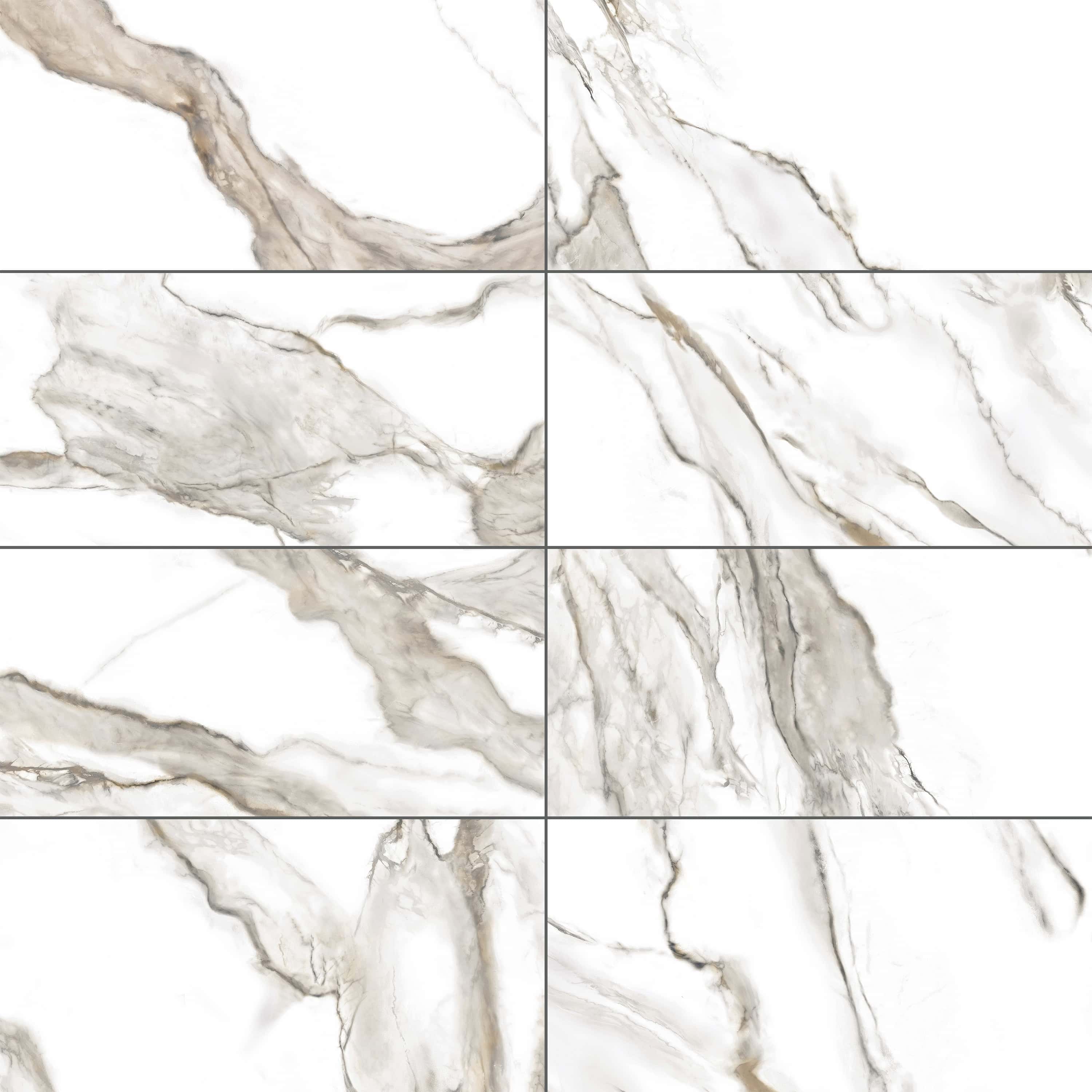 Carreaux de céramique Collection Vernazza 12 x 24 po Calacatta Oro poli, marbre blanc aux veines dorées