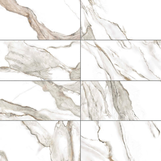 Carreaux de céramique Collection Vernazza 12 x 24 po Calacatta Oro poli, marbre blanc aux veines dorées
