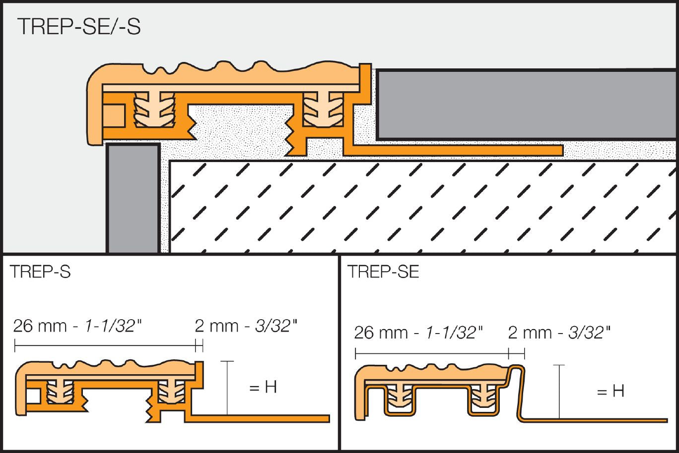 Schluter TREP-S Profilé de nez de marche avec insert jaune - acier inoxydable (V2) et plastique PVC 1-1/32" x 8' 2-1/2" x 3/8" (10 mm)