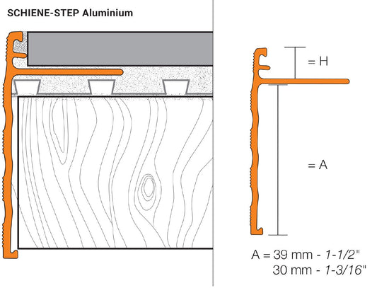 Schluter SCHIENE-STEP Coin extérieur 90° de comptoir/marche pour escalier - acier inoxydable (V2) brossé 11/32" (9 mm) x 8' 2-1/2" avec ailette verticale de 1-3/16"