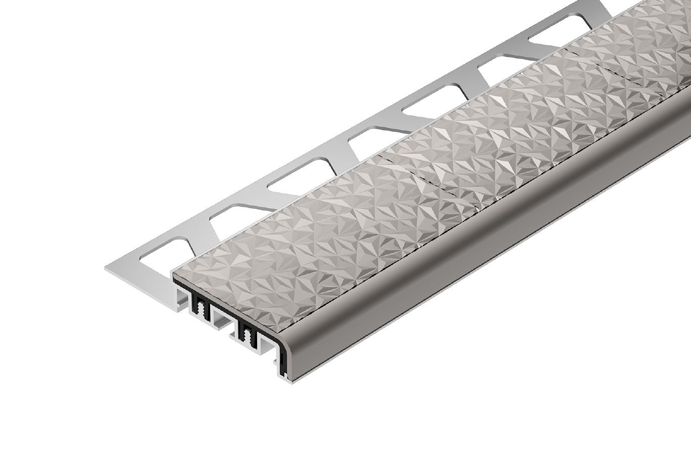 Schluter TREP-V 42 Profilé pour nez de marche aluminium anodisé avec insert anti-dérapant en PVC gris pierre 11/32" (9 mm) x 1-21/32" (42 mm) x 10'