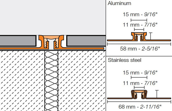 Schluter DILEX-KSN Profilé pour joint de surface avec insertion gris classique de 7/16" (11 mm) - acier inoxydable (V2) 7/16" x 8' 2-1/2"