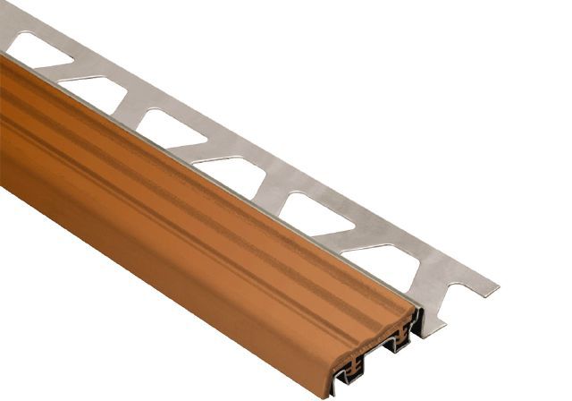 Schluter TREP-S Profilé de nez de marche avec insert brun noisette - acier inoxydable (V2) et plastique PVC 1-1/32" x 8' 2-1/2" x 5/16" (8 mm)