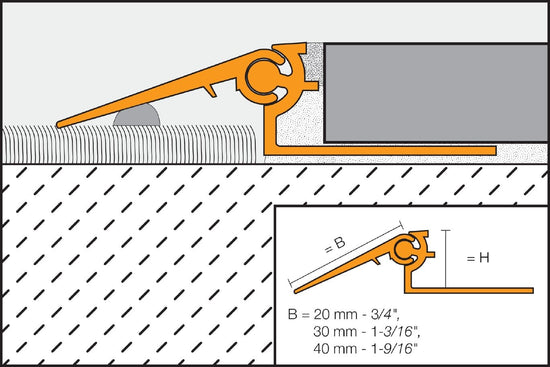 Schluter RENO-V Profilé réducteur aluminium anodisé mat — 1-9/16 in × 8 ft; 2-1/2 in × 1/2 in (12,5 mm)