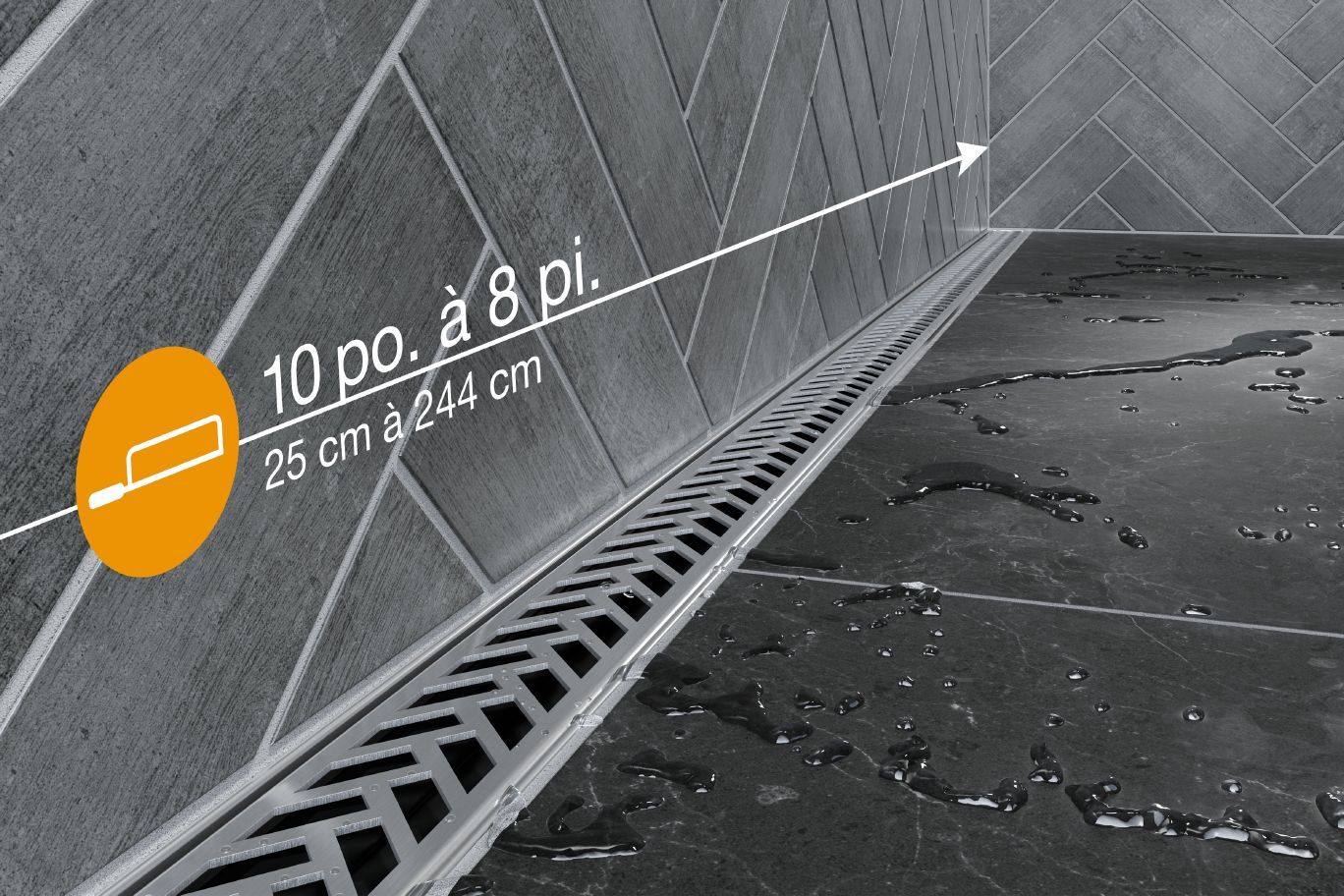 Schluter KERDI-LINE-VARIO Drain linéaire encastré avec design de grille Herringbone - acier inoxydable (V4) brossé 1-1/16" x 48"