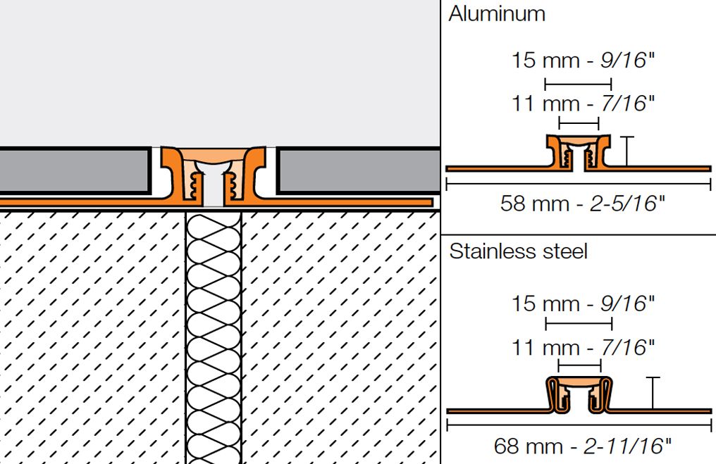 Schluter DILEX-KSN Profilé pour joint de surface avec insertion gris classique de 7/16" - acier inoxydable (V2) 1/2" (12.5 mm) x 8' 2-1/2"