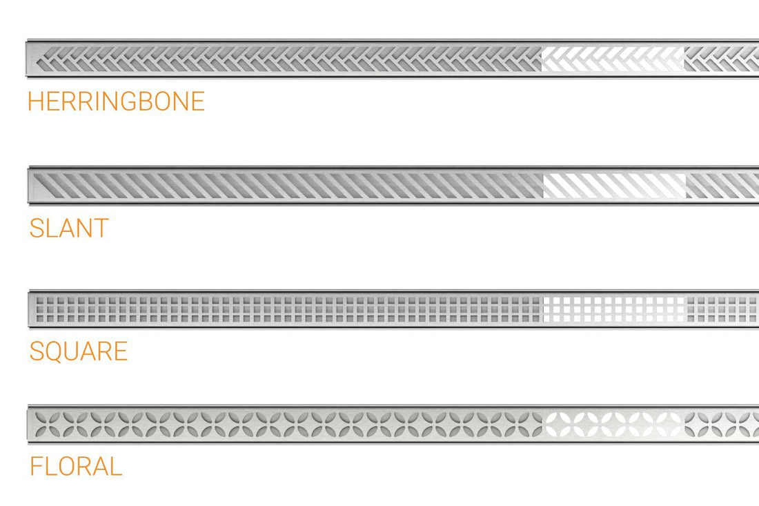 Schluter KERDI-LINE-VARIO Drain linéaire encastré avec design de grille Floral - acier inoxydable (V4) brossé 1-1/16" x 96"