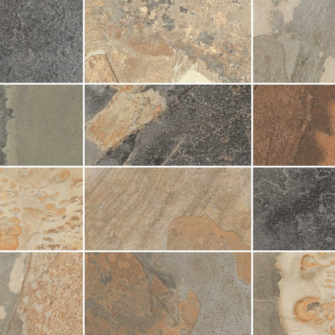 <p>Carreaux de céramique Collection Slaty 12 po x 24 po multicolore fini mat, aspect ardoisé</p>