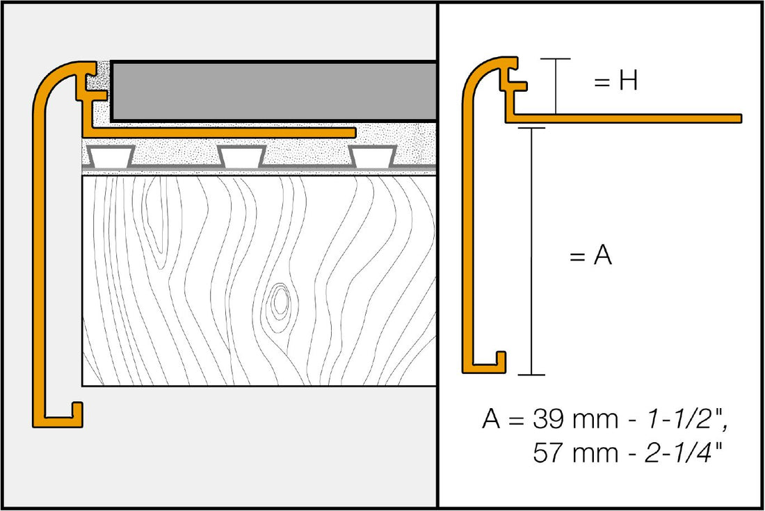 Schluter RONDEC-STEP Profilé de finition et protection des rebords avec ailette verticale de 2-1/4" - aluminium anodisé mat 1/2" (12.5 mm) x 8' 2-1/2"