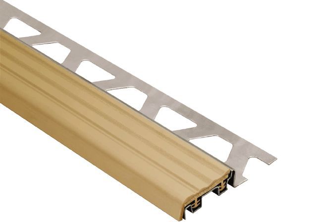 Schluter TREP-S Profilé de nez de marche avec insert beige clair - acier inoxydable (V2) et plastique PVC 1-1/32" x 8' 2-1/2" x 5/16" (8 mm)