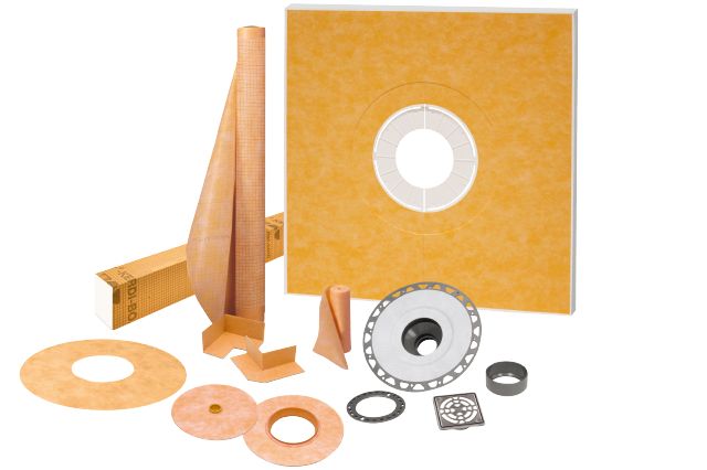 Schluter KERDI-SHOWER-KIT Ensemble de douche avec position de sortie centrée KERDI-SHOWER-KIT avec 2" PVC bride et acier inoxydable gille 48" x 48"