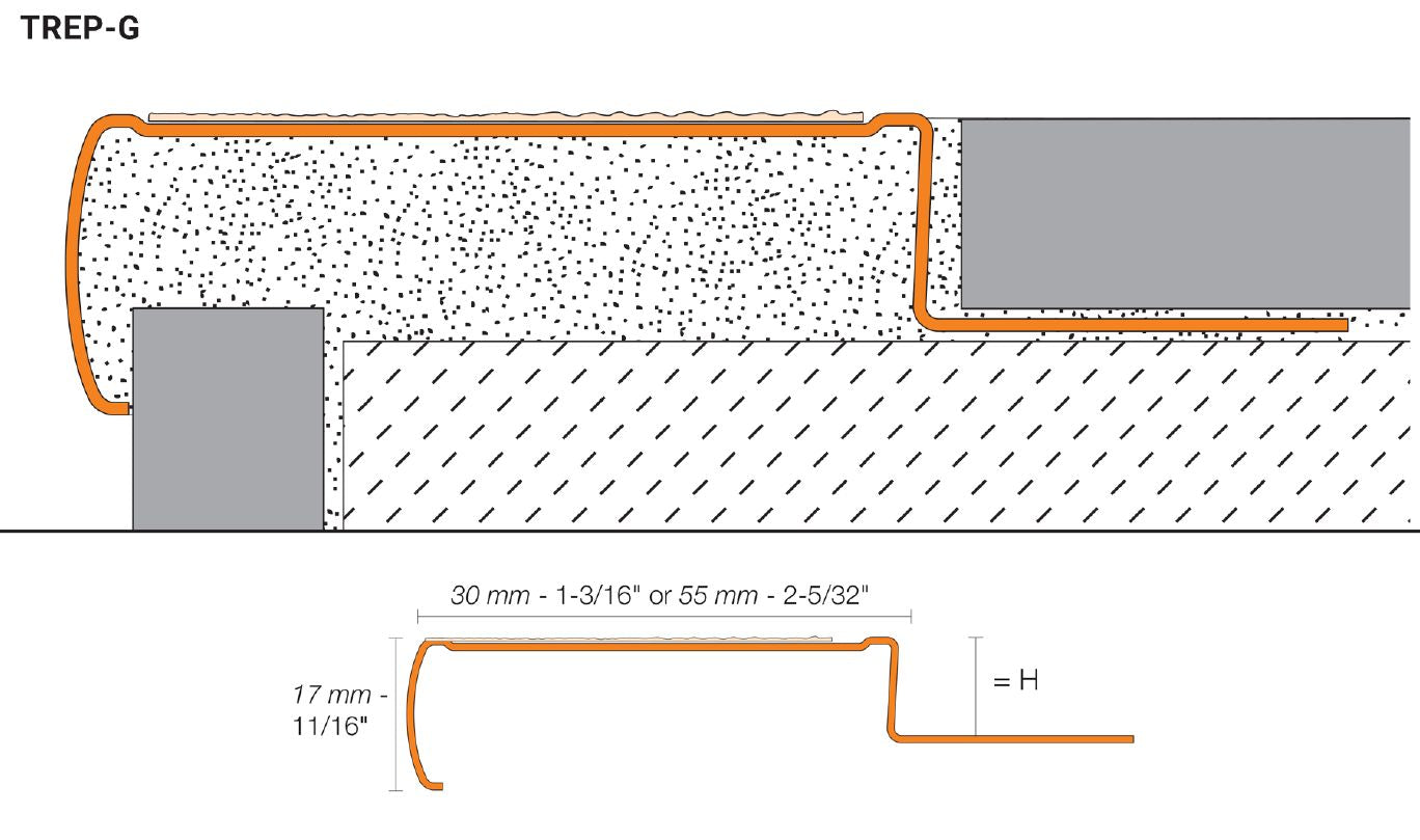 Schluter TREP-GKS Profilé nez-de-marche sans ancrage - acier inoxydable (V2) transparent 3/32" x 1-3/8" x 4' 11"