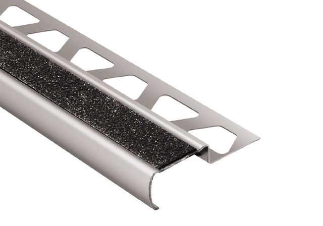 Schluter TREP-G-B Profilé pour nez de marche avec bande antidérapante noire - acier inoxydable (V2) brossé 2-5/32" x 4' 11" x 9/16" (15 mm)