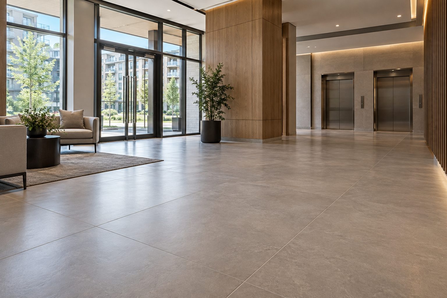 Revêtement de sol commercial Laval installé dans un hall de condominiums