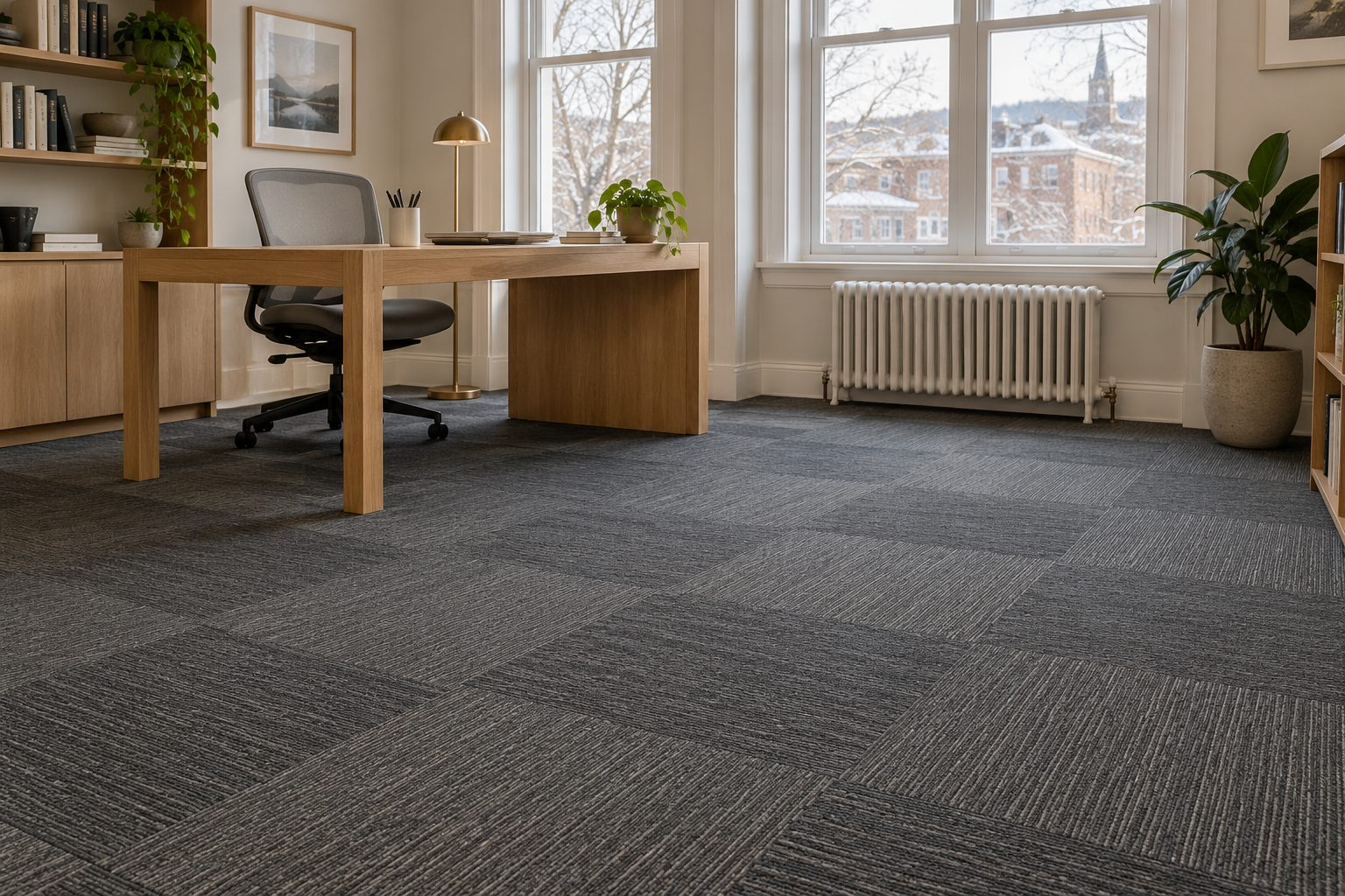 Carreaux de tapis bureau commercial Québec posés dans un espace de travail